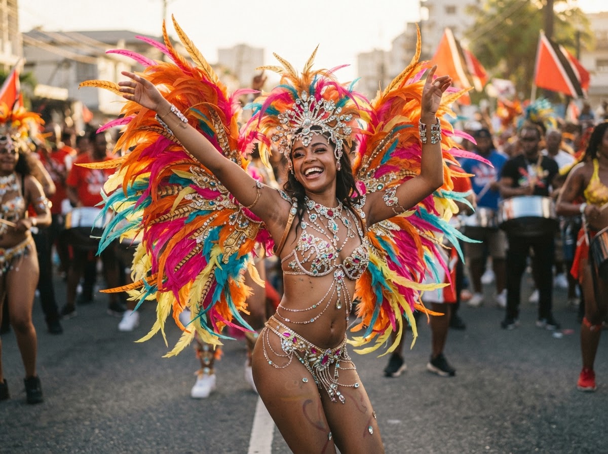 Trinidad Carnival masquerader in feathered costume