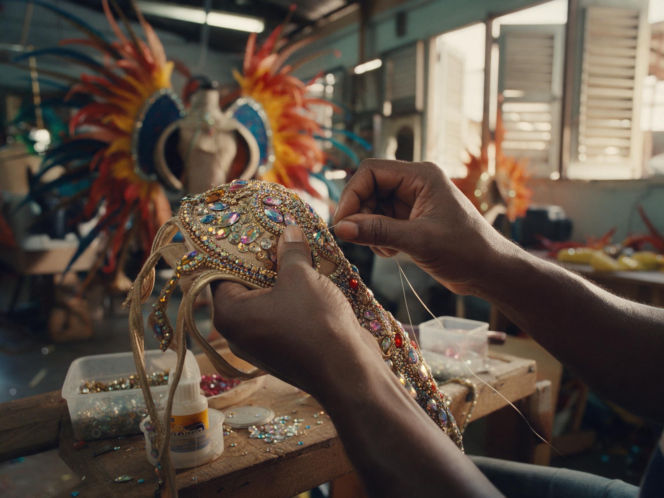 Belmont mas camp artisan hand-stitching a costume bodice