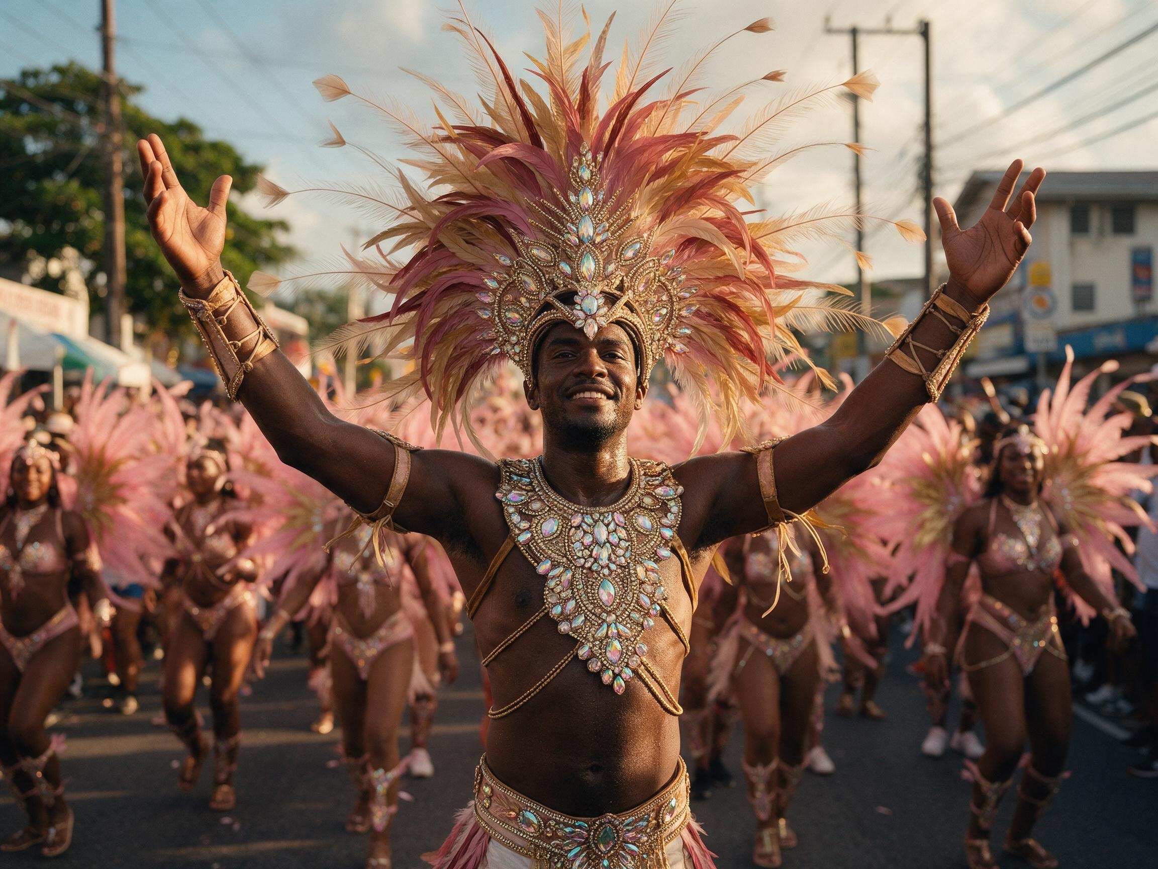 Trinidad Carnival masquerader in full mas costume on Ariapita Avenue