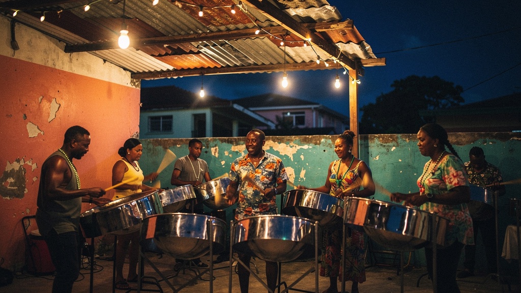 Steel pan yard rehearsal at night in Belmont