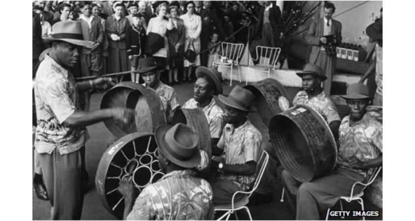 A steelpan section rehearsing